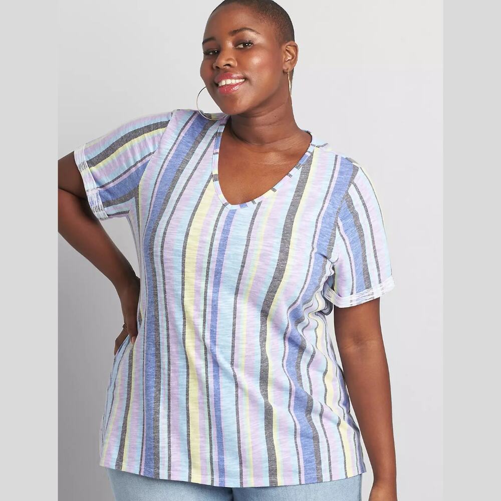 Lane Bryant V-Neck Striped Rolled Cuff Top Size 18/20
